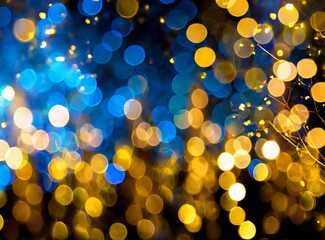 Sticker - Blue and yellow golden bokeh particles abstract background, New Year or Christmas wallpaper for design. Holiday Celebration Concept