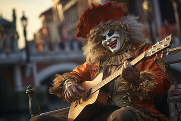 Canvas Print - A masked and costumed musician playing a melodious tune on a Venetian street corner, adding to the Carnival's charm. Generative Ai.