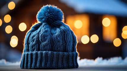 Canvas Print - House and Blue Knitted Cap, Surrounded by Warm Bokeh Lights - A Festive and Inviting Scene.