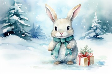 Wall Mural -  a watercolor painting of a white rabbit holding a present in the snow with trees in the background and snow falling on the ground and snow falling on the ground.