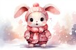  a painting of a little bunny wearing a pink coat and a pink hat with a pom pom on it's head, standing in front of snowing trees.