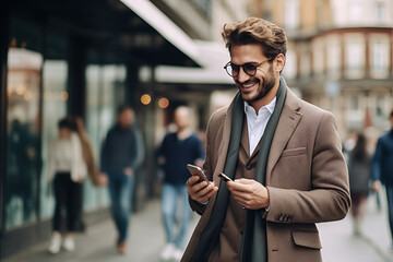 Well dressed handsome young businessman using smart phone on city street