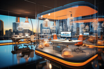 Poster - A futuristic office with augmented reality workstations, highlighting the integration of advanced technologies for enhanced productivity and innovation.  Generative Ai.