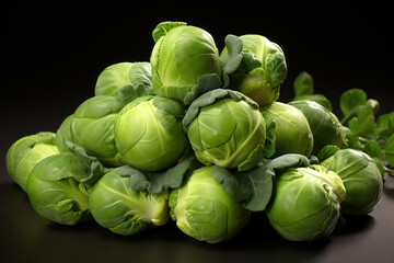 A cluster of brussels sprouts on the stalk, emphasizing the hearty and nutritious nature of this cruciferous vegetable. Concept of stalked brassica abundance. Generative Ai.