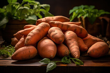 Wall Mural - A cluster of earthy and nutritious sweet potatoes, exemplifying the wholesome appeal of this root vegetable. Concept of sweet potato goodness. Generative Ai.