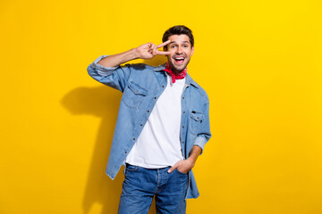 Sticker - Photo portrait of attractive young man show excited v-sign wear trendy jeans clothes isolated on yellow color background