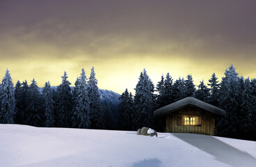 Wall Mural - Schneebedeckte Winterhütte in sternenklarer Nacht