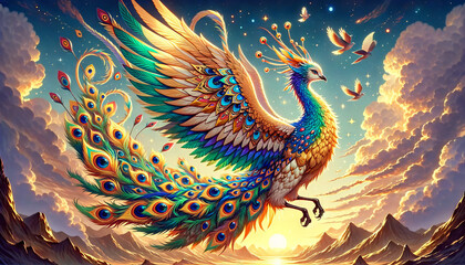 Wall Mural - the anime-style rendering of the Simurgh, the Persian mythical creature, in a 16:9 ratio.