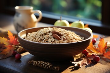 Poster -  a bowl filled with oatmeal sitting on top of a table next to a cup of coffee and autumn leaves and a vase with apples in the background.