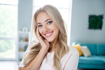 Canvas Print - Photo of nice adorable sweet girl spending free time holiday morning weekend sunny day morning indoors