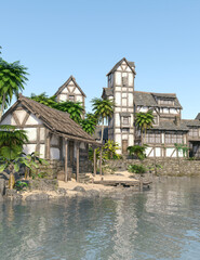 Wall Mural - A medieval village surrounded by palm trees and rocks on the ocean shore against a blue sky. Sandy soil with tropical vegetation. Photorealistic 3D illustration.