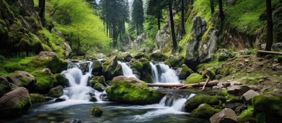 Wall Mural - In the lush green forest of the majestic mountains, a white waterfall cascaded down like a graceful dancer, splashing water in the summer sun. The landscape was the epitome of natural beauty, adorned