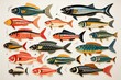  a group of colorful fish sitting on top of a white wall next to a wall mounted picture of a group of fish on top of a white wall next to each other fish.