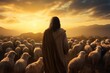 Shepherd Jesus Christ taking care of lambs, sheep on the meadow. Gospel, christianity, salvation concept