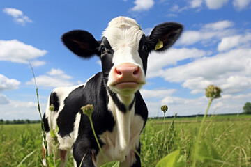 The photo shoot of a young black and white, brown and white calf cow is standing in a meadow grass field with bright sky on a sunny day. Generative AI.