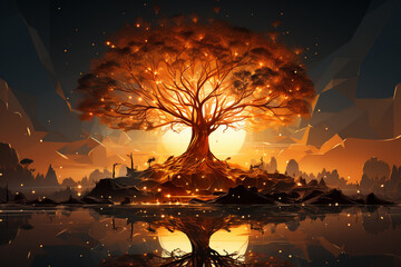 Aufkleber - An abstract silhouette of a tree with its roots extending deep into the ground, symbolizing strength and connection.