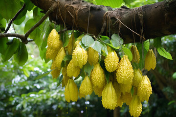 Aufkleber - A bunch of Jackfruit suspended from a tree, its spiky green exterior concealing the fragrant, fibrous pods within.