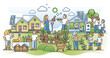 Self sufficient community with local organic food growing outline concept. Ecological, sustainable lifestyle with renewable resources consumption and nature conservation practices vector illustration