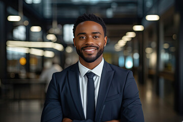 confident young african american businessman smiling in a modern corporate office suggesting profess