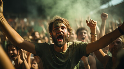 Friends people group on green t shirts having excited fun on sport world championship final