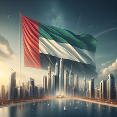 Wall Mural - UAE flag flying. UAE National Day illustration. AI Art Generated.