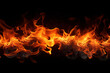 The effect graphic horizontal wallpaper banner of strongly hot fire flame on black background. Generative AI.