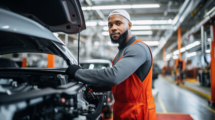 portrait of a man worker working on a car assembly line for automotive industry