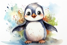  A Watercolor Painting Of A Penguin With A Watercolor Splash On The Back Of It's Head And A Blue And White Body With Orange Spots On Its Chest.