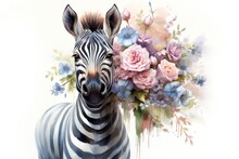  A Painting Of A Zebra With A Bouquet Of Flowers In It's Mouth And A Watercolor Painting Of A Zebra's Head On It's Back.