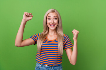 Sticker - Portrait photo of attractive woman blonde hair student celebrate passing exams final results the best isolated over green color background