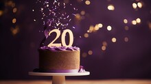 Purple And Golden Cake With Number 20 On A Table Decorated For A Party Celebration