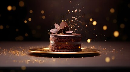 Wall Mural - Small chocolate cake with golden confetti on a table decorated for a party celebration