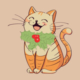 Fototapeta  - vector single illustration of a cheerful festive cat with a New Year's Christmas poinsettia plant and berries