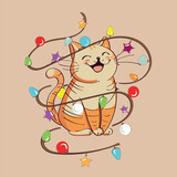 Fototapeta  - vector single illustration of a cheerful festive cat with Christmas shining garlands