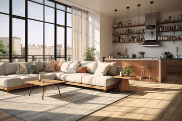 Wall Mural - The landscape view of a cozy white and warm wood living room with a comfort sofa set and other wood furniture at a resident place with natural light. Generative AI.