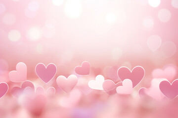 The romantic abstract wallpaper of many transparent pink heart shapes and hearts and round bokeh light on the gradient of old rose, pink, beige, and orange color background. Love symbol. Generative AI