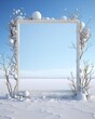 A captivating art installation of a frame decorated with white winter branches in a serene, snowy landscape