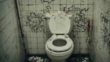 A Neglected Bathroom Scene Captures The Grim Reality Of Urban Decay, With Graffiti-covered Walls, A Dirtied Toilet, And Scattered Trash, Reflecting A Space Forgotten By Time And Maintenance.