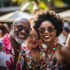 Cheerful friends at a street festival enjoying summer vibes suitable for lifestyle and social gathering themes