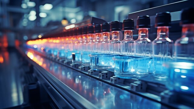 close-up of a pharmaceutical factory's modern background with a production line for medical ampoules