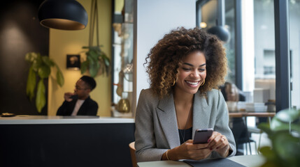 Canvas Print - Smiling woman in a business suit is looking at her smartphone in a modern office in the background.