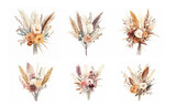 Fototapeta Boho - Set of watercolor boho flower bouquets with dried grass on a white background