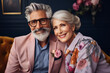 Portrait of a couple of stylish and happy gray-haired pensioners in a cozy and bright room, generated ai