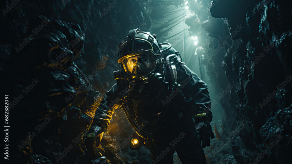 StockFoto „Scuba diver swimming through cave entrance. Concept of