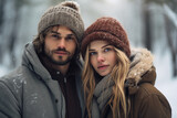 Fototapeta Las - Young active couple walking snowy day fresh air forest Generative AI