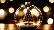 Une belle sphère transparente contenant un beau sapin de Noel décoré de guirlande doré. Paysage d'hiver et flocons de neige