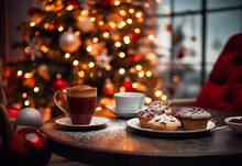 Christmas Time. Served Coffee Table With Hot Drink And Cookies Against Fir Tree