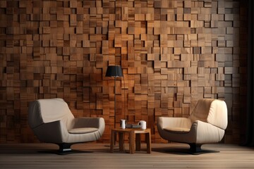 Wall Mural - Modern living room interior with armchairs and wooden wall. 3D Rendering, Wallpapered woodpaneled walls with a natural wood, AI Generated