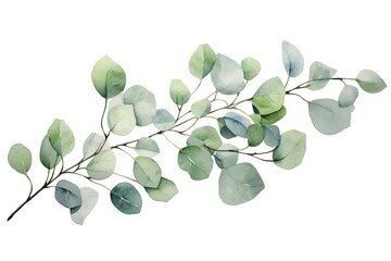 Eucalyptus branch with green leaves. Watercolor illustration, Watercolor green floral card with silver dollar eucalyptus leaves and branches isolated on white background, AI Generated