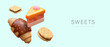 Floating vector sweet pastries. Realistic piece of cake, cookie sandwich, croissant. Daily and festive sweets. Delicious desserts. Advertising layout with space for text